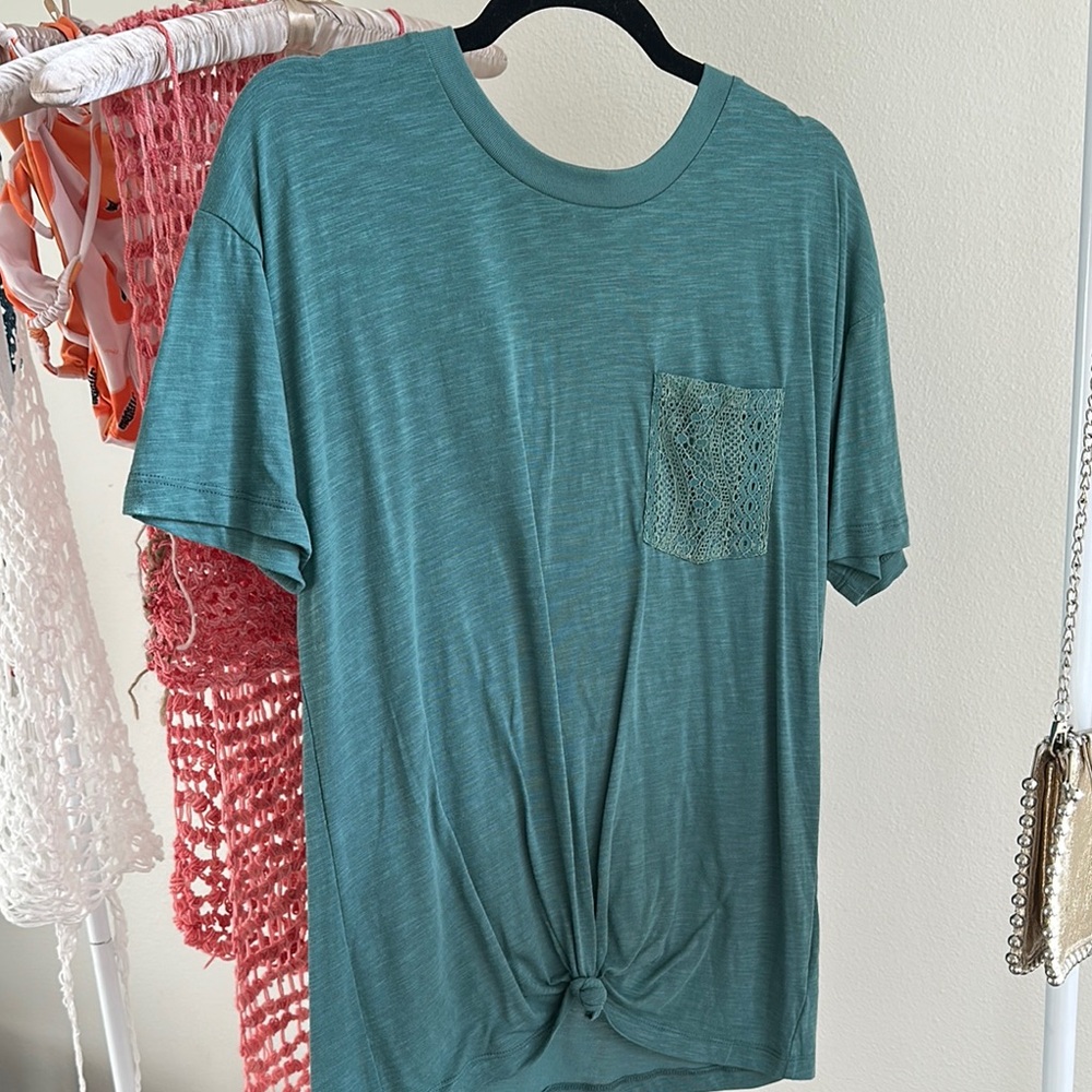 True Craft Teal Top with Lace Pocket